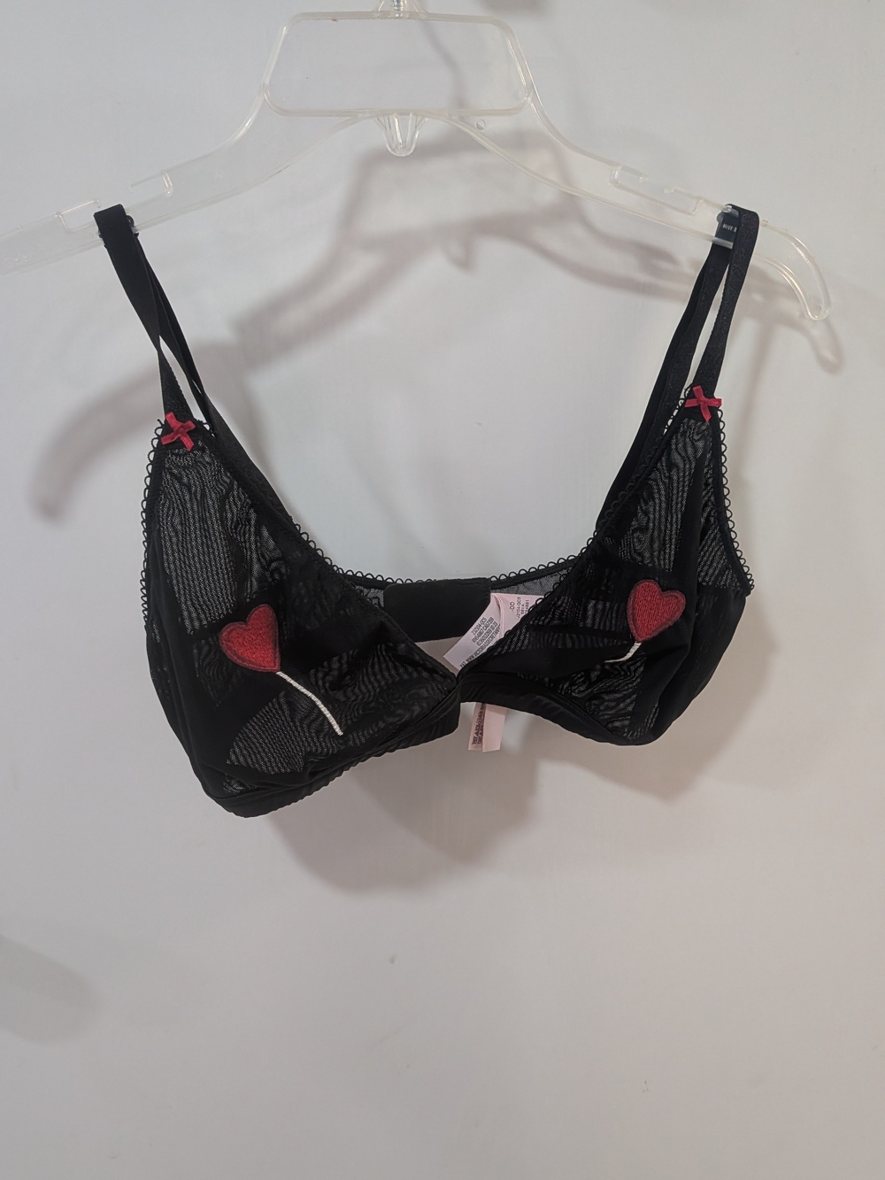 Sheer Black Mesh Bra with Red Heart Appliqués Tease Victoria Secret